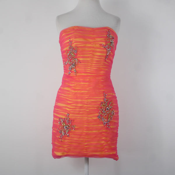 Madeline Gardner Mori Lee Sz 3/4 Pink Yellow Rhinestones Sequin 100% Poly Dress