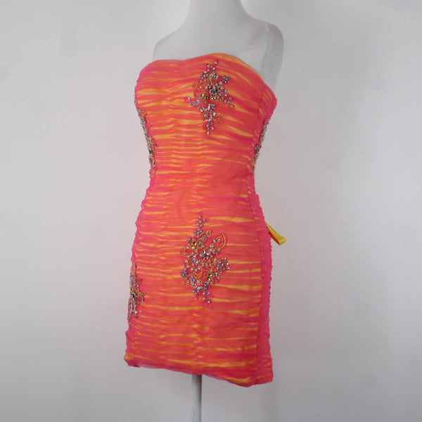 Madeline Gardner Mori Lee Sz 3/4 Pink Yellow Rhinestones Sequin 100% Poly Dress