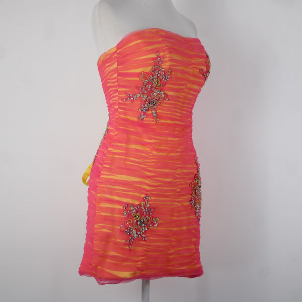 Madeline Gardner Mori Lee Sz 3/4 Pink Yellow Rhinestones Sequin 100% Poly Dress