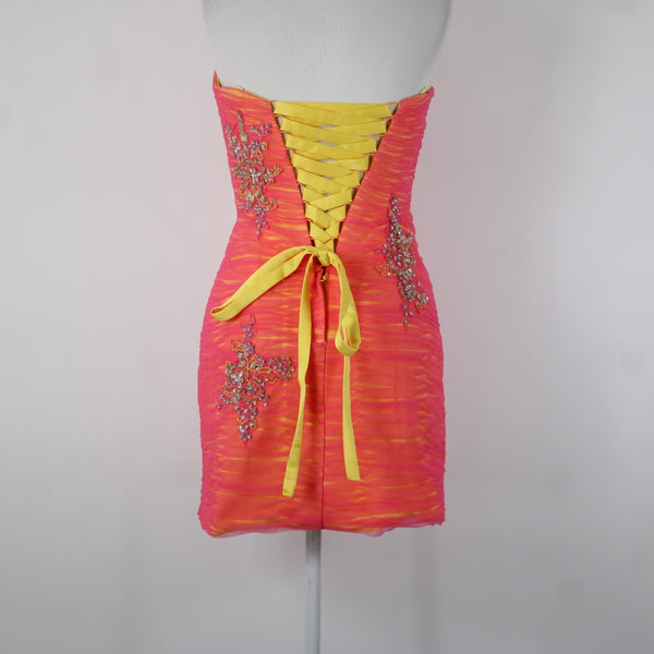 Madeline Gardner Mori Lee Sz 3/4 Pink Yellow Rhinestones Sequin 100% Poly Dress