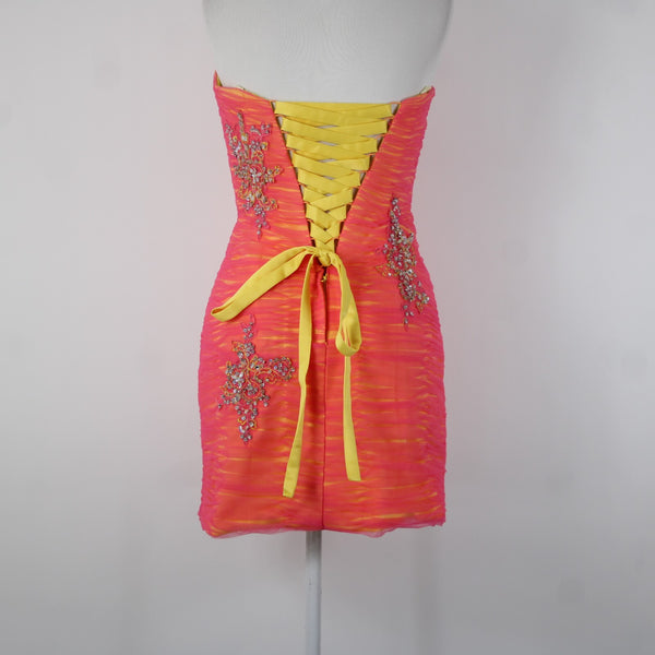 Madeline Gardner Mori Lee Sz 3/4 Pink Yellow Rhinestones Sequin 100% Poly Dress