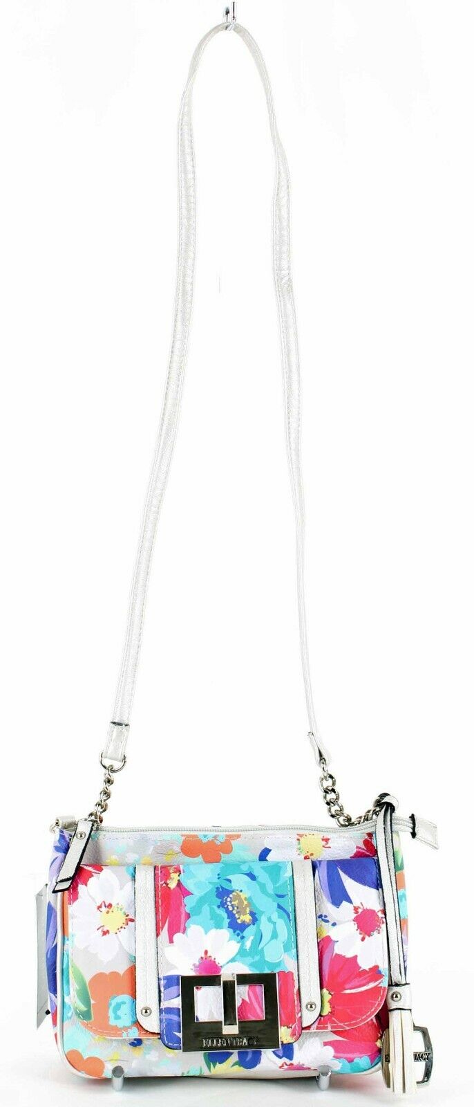 Ellen Tracy NEW $59 8 x 6 x 2.75 Pearl White Multi Zip Vegan Leather Purse