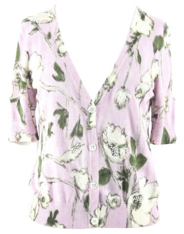 Talbots Sz MP Lavender Cream Multi Pearls Embroidered Cotton Blend Cardigan