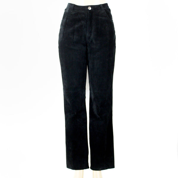 Chicos Sz 1 X 32 Black Suede Lined Straight Leg Pockets Leather Polyester Pant
