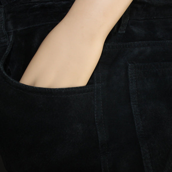 Chicos Sz 1 X 32 Black Suede Lined Straight Leg Pockets Leather Polyester Pant