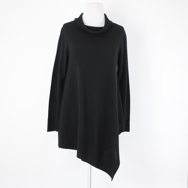 Eileen Fisher Sz XS Black Turtle Neck Asymm Long Sleeve 100% Merino Wool Sweater