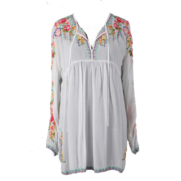Johnny Was Top Sz M White Multi Colored V Neck Embroidered 100% Cupra Rayon Top