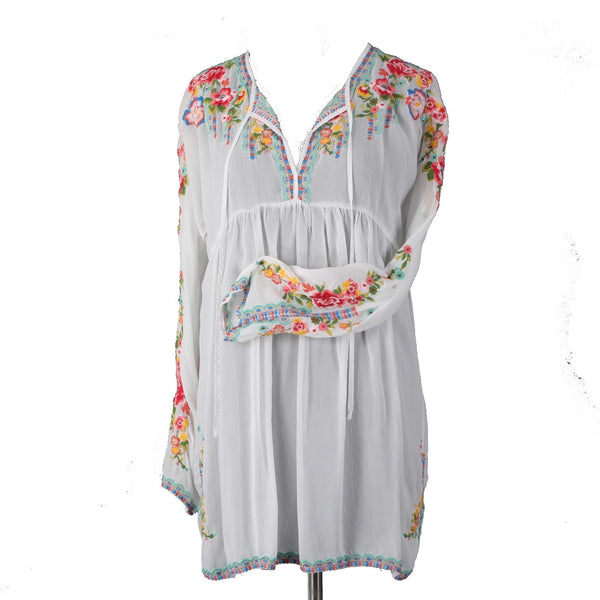 Johnny Was Top Sz M White Multi Colored V Neck Embroidered 100% Cupra Rayon Top