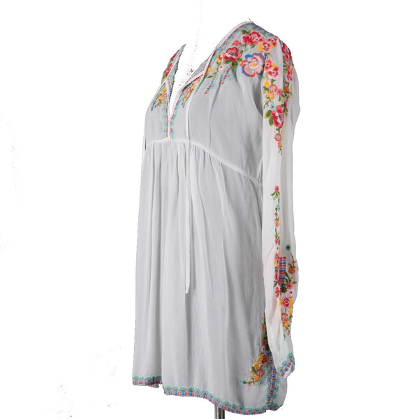 Johnny Was Top Sz M White Multi Colored V Neck Embroidered 100% Cupra Rayon Top