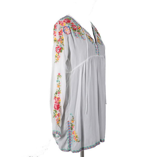 Johnny Was Top Sz M White Multi Colored V Neck Embroidered 100% Cupra Rayon Top