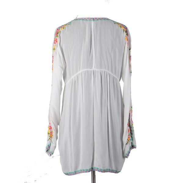 Johnny Was Top Sz M White Multi Colored V Neck Embroidered 100% Cupra Rayon Top
