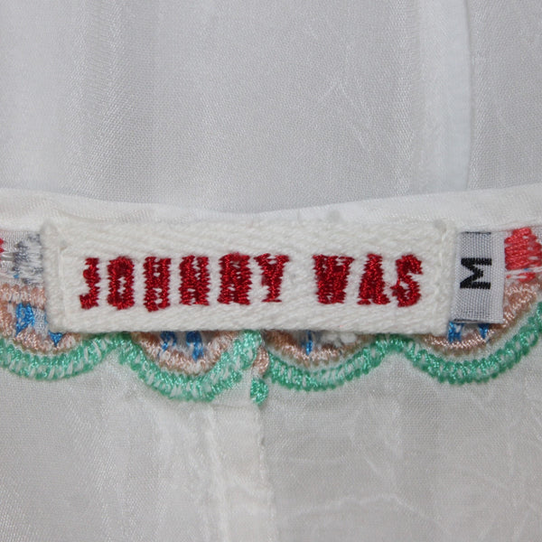 Johnny Was Top Sz M White Multi Colored V Neck Embroidered 100% Cupra Rayon Top
