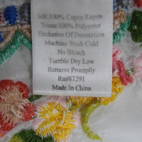 Johnny Was Top Sz M White Multi Colored V Neck Embroidered 100% Cupra Rayon Top