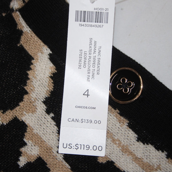 Chicos Sweater NEW $119 Sz 4 Brown Black Animal Print  Knit Tunic Cotton Sweater