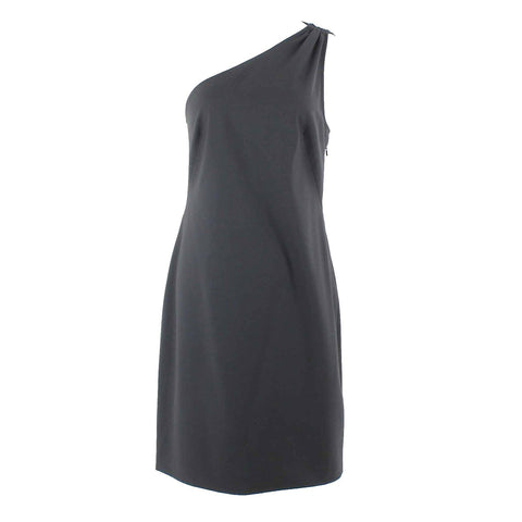 Theory Sz 10 Black One Shoulder Side Zip Wool Lycra Shift Dress