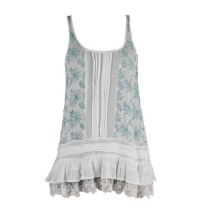 Lilka Sz S Mint Ivory Embroidered Pintuck Ruffled Lace Hem Rayon Boho Top