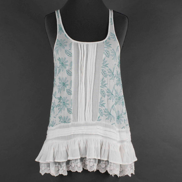 Lilka Sz S Mint Ivory Embroidered Pintuck Ruffled Lace Hem Rayon Boho Top