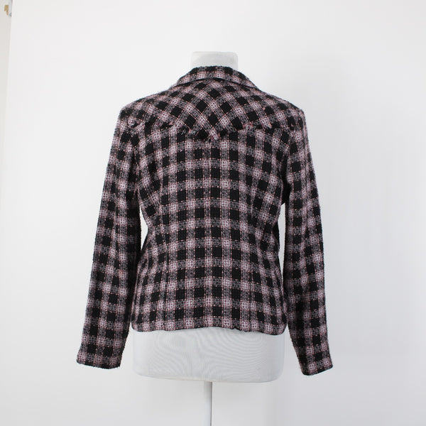 Roper Sz XL Black White Pink Unlined Collared Pockets 100% Acrylic Tweed Jacket