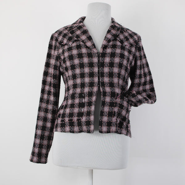 Roper Sz XL Black White Pink Unlined Collared Pockets 100% Acrylic Tweed Jacket