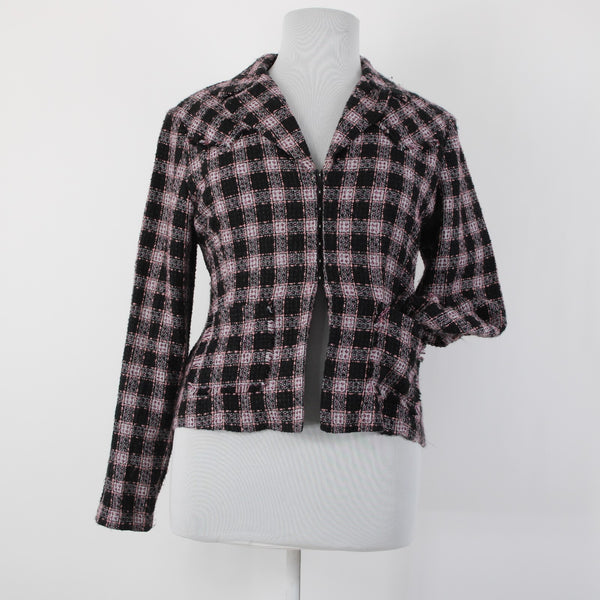 Roper Sz XL Black White Pink Unlined Collared Pockets 100% Acrylic Tweed Jacket