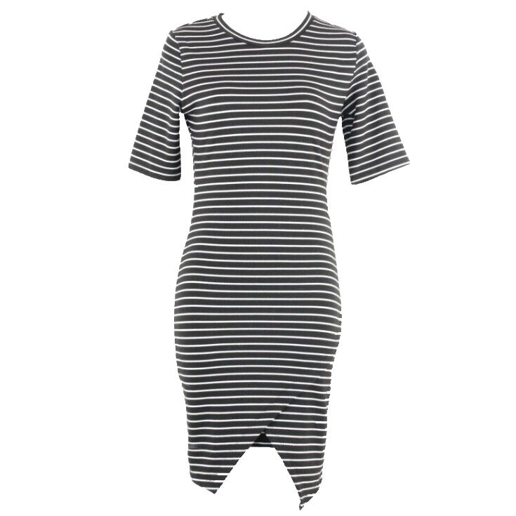 Popular Basics Sz L Black White Stripe Asymmetrical Wrap Poly Blend Dress