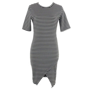 Popular Basics Sz L Black White Stripe Asymmetrical Wrap Poly Blend Dress
