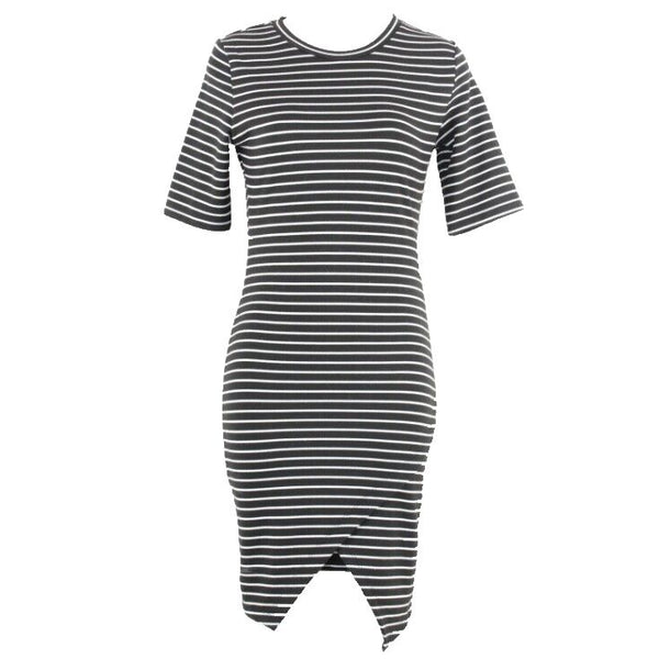 Popular Basics Sz L Black White Stripe Asymmetrical Wrap Poly Blend Dress