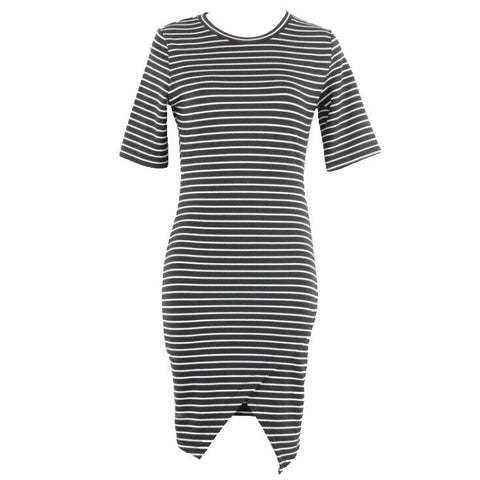 Popular Basics Sz L Black White Stripe Asymmetrical Wrap Poly Blend Dress