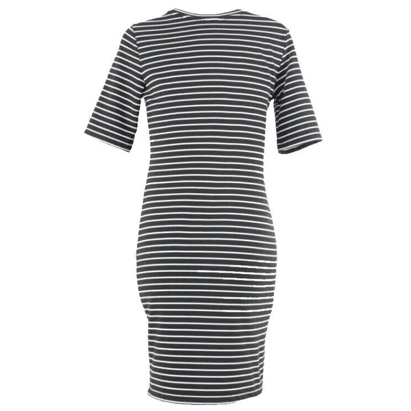 Popular Basics Sz L Black White Stripe Asymmetrical Wrap Poly Blend Dress