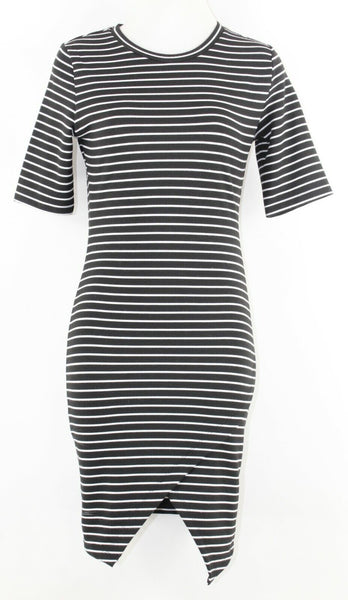 Popular Basics Sz L Black White Stripe Asymmetrical Wrap Poly Blend Dress