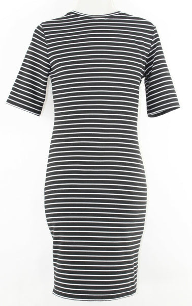 Popular Basics Sz L Black White Stripe Asymmetrical Wrap Poly Blend Dress