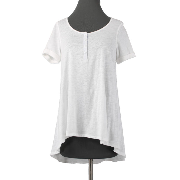 9-h15 STCL NEW $58 Sz S Ivory White Round Neck 1/4 Button Hi Low 100% Cotton Top