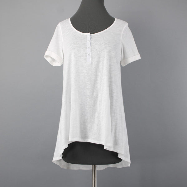9-h15 STCL NEW $58 Sz S Ivory White Round Neck 1/4 Button Hi Low 100% Cotton Top