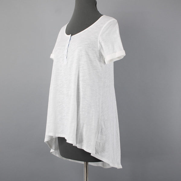 9-h15 STCL NEW $58 Sz S Ivory White Round Neck 1/4 Button Hi Low 100% Cotton Top