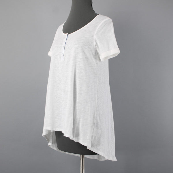 9-h15 STCL NEW $58 Sz S Ivory White Round Neck 1/4 Button Hi Low 100% Cotton Top