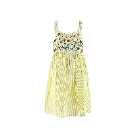 Beebay Sz 7 Yellow Blue Pink Multi Embroidered 100% Cotton Girls Dress