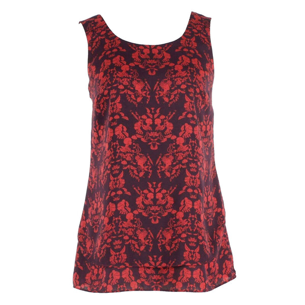 CAbi Sz S Red Purple Lined Fancy Cut V Back Polyester Top