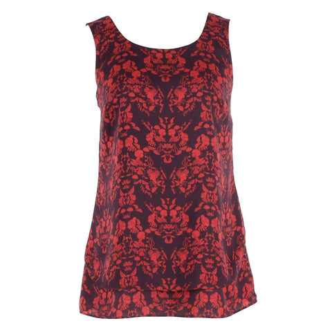 CAbi Sz S Red Purple Lined Fancy Cut V Back Polyester Top