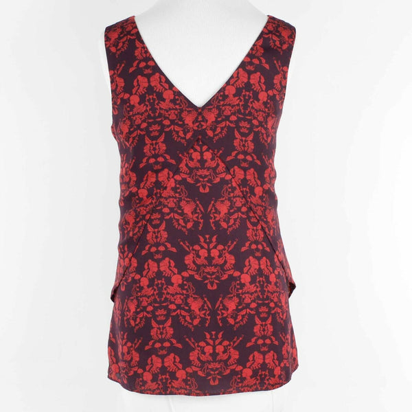 CAbi Sz S Red Purple Lined Fancy Cut V Back Polyester Top