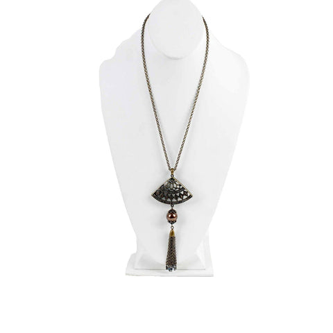 Coldwater Creek 28in Brass Multi Beaded Fan Chain Tassel Pendant Necklace