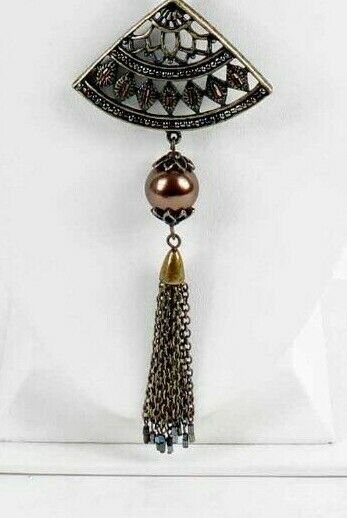 Coldwater Creek 28in Brass Multi Beaded Fan Chain Tassel Pendant Necklace
