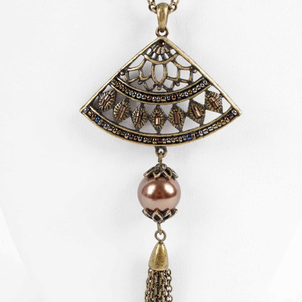 Coldwater Creek 28in Brass Multi Beaded Fan Chain Tassel Pendant Necklace