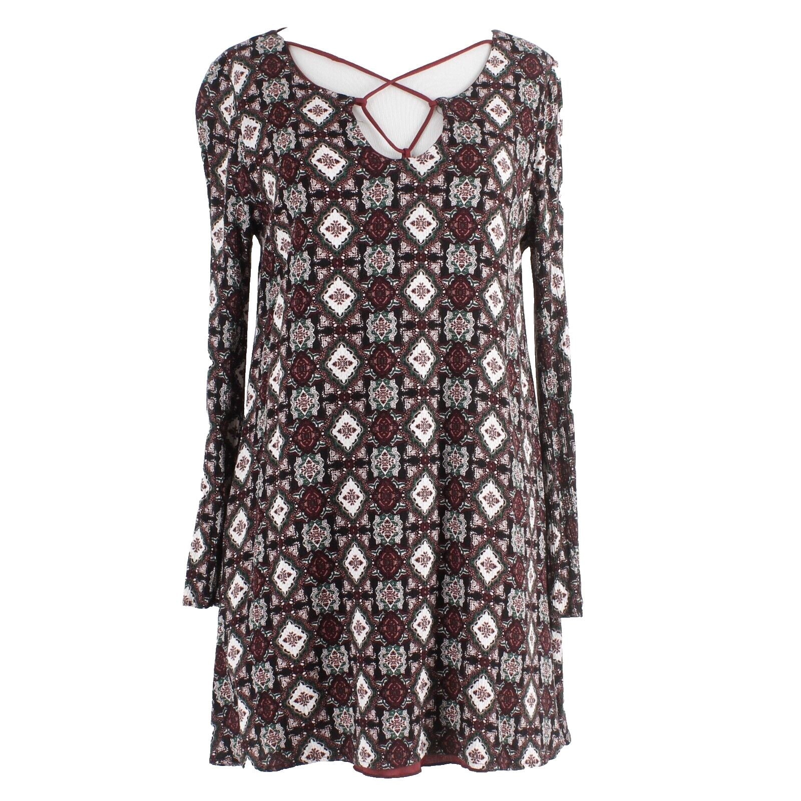 Stella Laguna Beach Sz S Burgundy Multi Lined Criss Cross Neck Poly Knit Dress