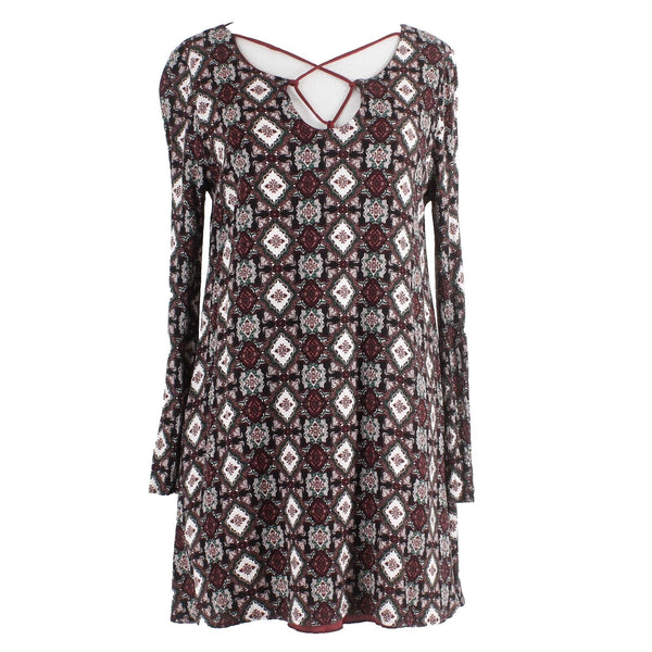 Stella Laguna Beach Sz S Burgundy Multi Lined Criss Cross Neck Poly Knit Dress