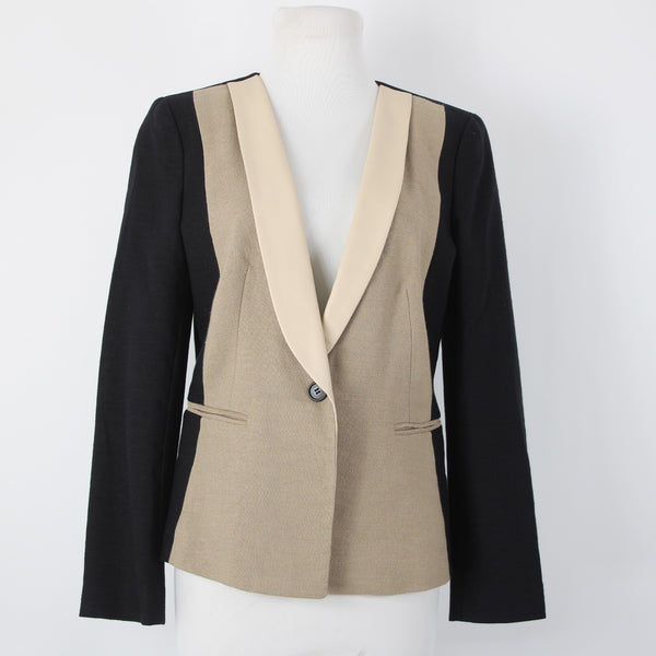 DKNY Sz 10 Black Mocha Tan Leather Shawl Collar Linen Blend Blazer Jacket