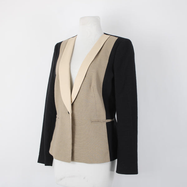 DKNY Sz 10 Black Mocha Tan Leather Shawl Collar Linen Blend Blazer Jacket