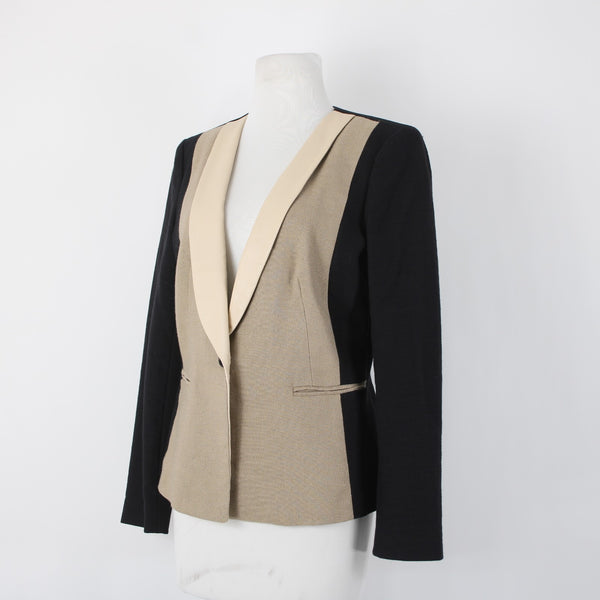 DKNY Sz 10 Black Mocha Tan Leather Shawl Collar Linen Blend Blazer Jacket