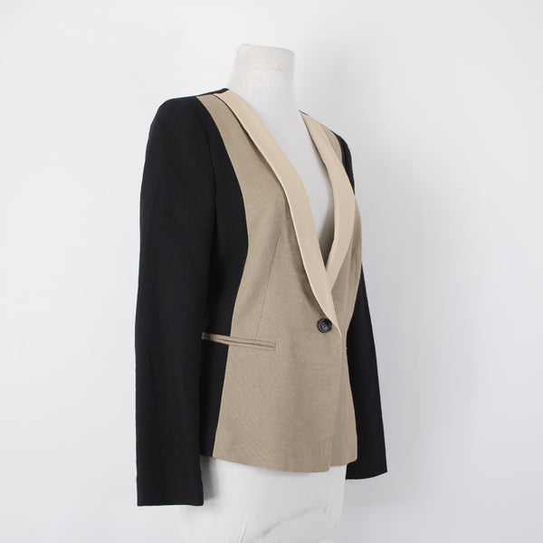 DKNY Sz 10 Black Mocha Tan Leather Shawl Collar Linen Blend Blazer Jacket