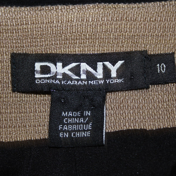 DKNY Sz 10 Black Mocha Tan Leather Shawl Collar Linen Blend Blazer Jacket