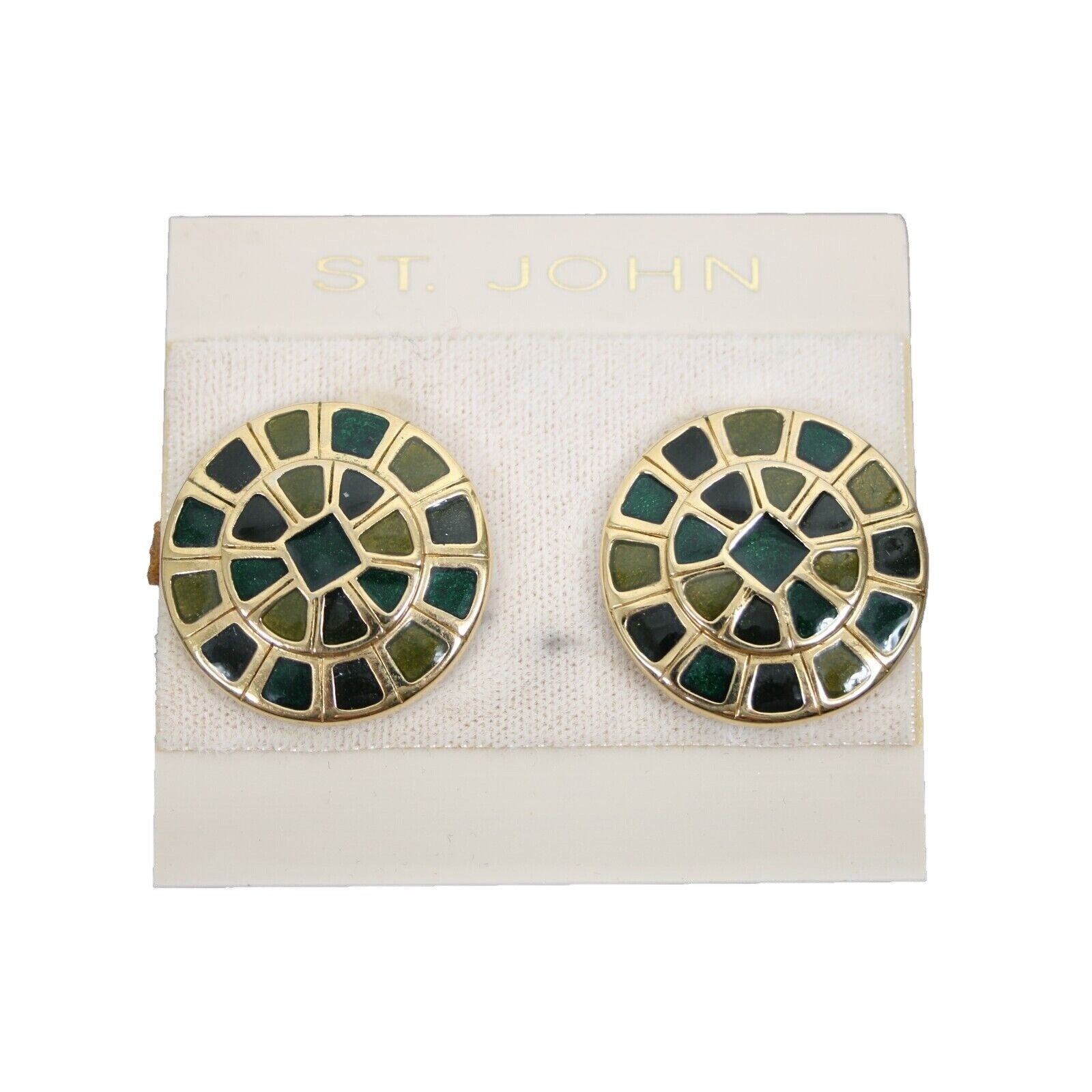 St John Couture Multi Color Green Inlaid Enamel 1" Clip On Earrings